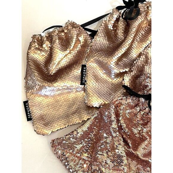 Sequined Makeup Bag Rose Gold Drawstring Pouch Limited Edition Lot of 6 Girls - Picture 4 of 16